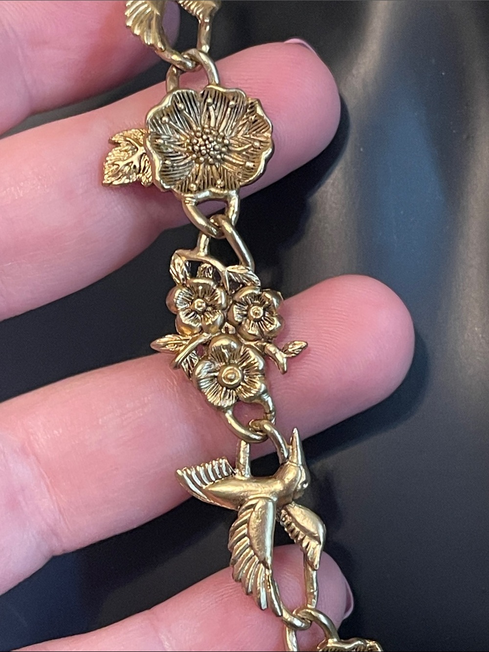 Vintage Hummingbird & Floral Accent Gold-Tone Statement Necklace - Picture 3 of 7